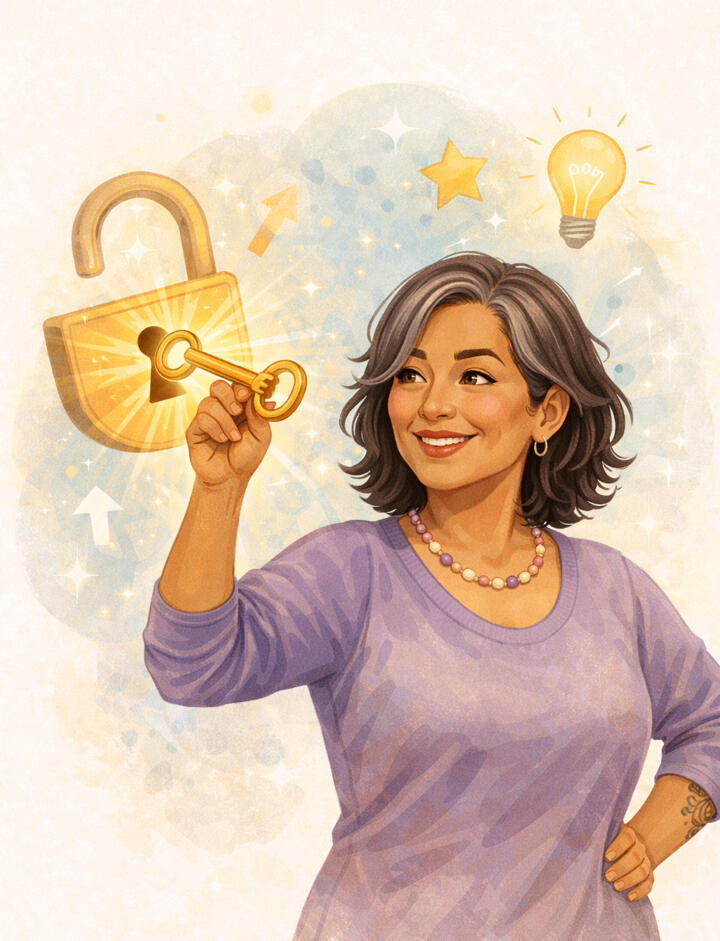 Premium An ethnically ambiguous mid-forties woman with shoulder-length wavy gray hair smiles as her right hand turns a gold key that has unlocked a large illustrated gold padlock. Her left hand rests on her left hip. She wears a three-quarter-sleeved, scoop-necked
