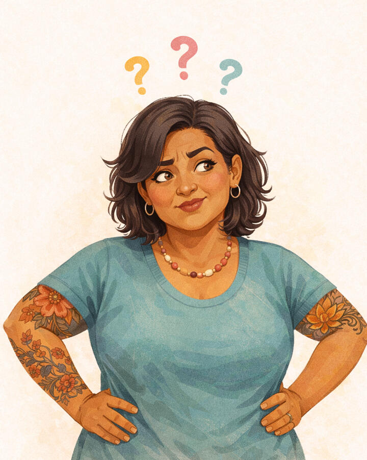 Menopause symptom confusion An ethnically ambiguous middle-aged woman with shoulder-length wavy brown hair stands with her hands on her hips and a confused look on her face. She wears a turquoise short-sleeved, scoop-necked sweatshirt. For jewelry, she wears small gold hoop earrings,